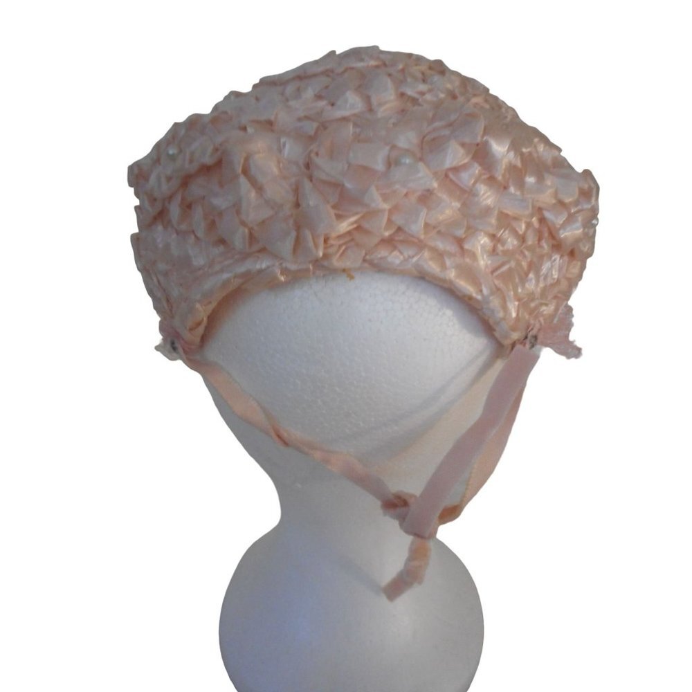 Vintage Womens Pink Juliet  hat w/ netting and bows woven design 1950s - Picture 4 of 7